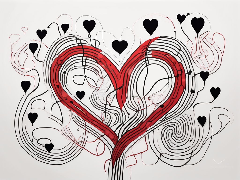 an abstract heart composed of intertwined question marks and conversation bubbles, symbolizing the journey of deepening connections through meaningful dialogue, hand-drawn abstract illustration for a company blog, white background, professional, minimalist, clean lines, red, white, and black