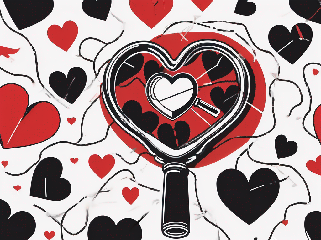 a magnifying glass hovering over a heart, surrounded by question marks and subtle hints of a broken chain, symbolizing the search for truth and trust in relationships, hand-drawn abstract illustration for a company blog, white background, professional, minimalist, clean lines, red, white, and black