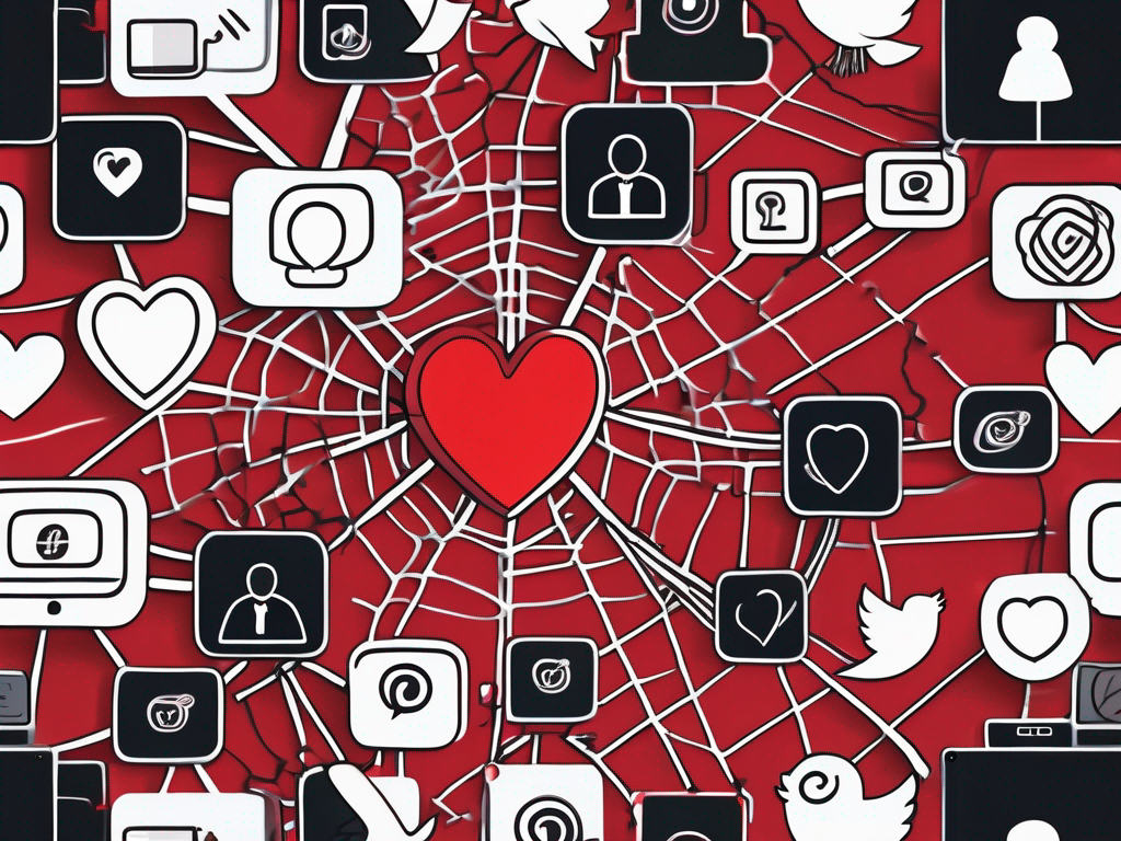 an intertwined web of social media icons and broken heart symbols, depicting the complex relationship between online interactions and the emotional turmoil caused by infidelity in the digital age, hand-drawn abstract illustration for a company blog, white background, professional, minimalist, clean lines, red, white, and black