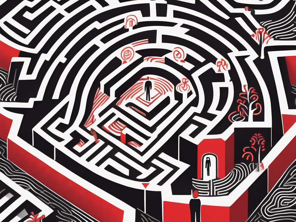 an intricate maze symbolizing the complex emotions and motivations behind infidelity, with various paths leading to different symbols representing temptation, opportunity, and emotional disconnect, hand-drawn abstract illustration for a company blog, white background, professional, minimalist, clean lines, red, white, and black