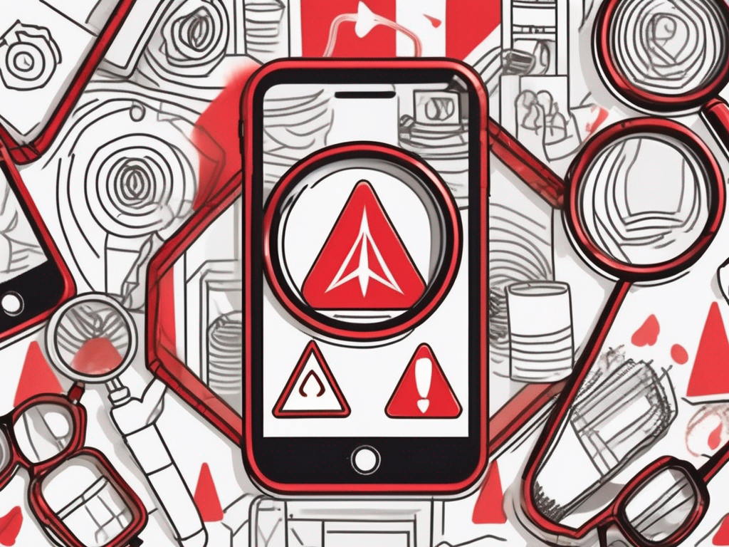 a smartphone displaying a Tinder profile filled with exaggerated, unrealistic images and red flags, surrounded by magnifying glasses and warning signs to emphasize the theme of identifying fake profiles, hand-drawn abstract illustration for a company blog, white background, professional, minimalist, clean lines, red, white, and black