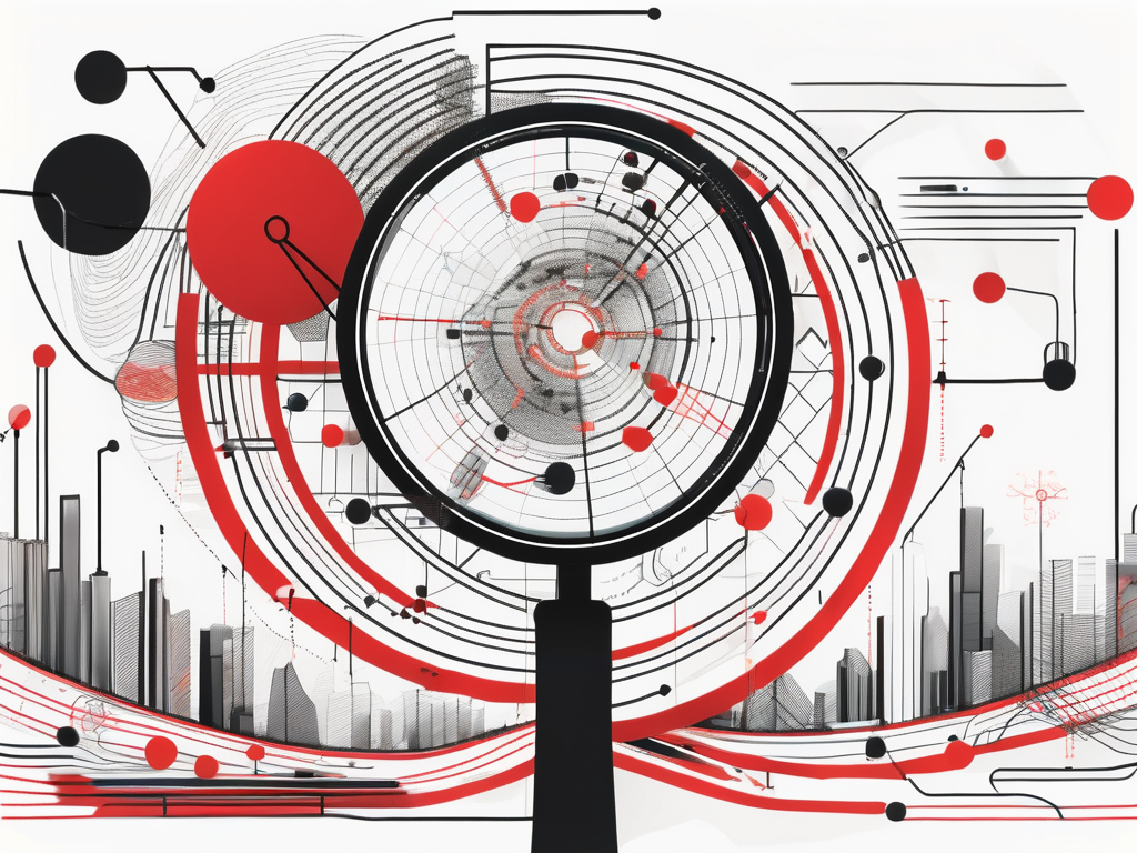 an abstract representation of a magnifying glass hovering over a digital landscape filled with data points, symbols, and interconnected lines, symbolizing the search for information and the analysis of online resources, hand-drawn abstract illustration for a company blog, white background, professional, minimalist, clean lines, red, white, and black