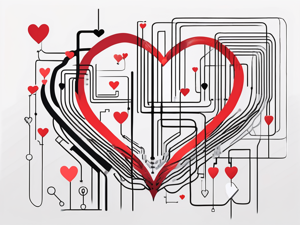 an abstract representation of interconnected hearts and digital symbols, symbolizing the blend of emotional connections and technology in modern hookup culture, hand-drawn abstract illustration for a company blog, white background, professional, minimalist, clean lines, red, white, and black