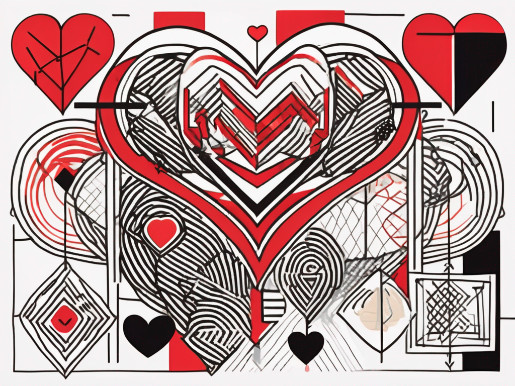 an abstract representation of interconnected hearts and geometric shapes, symbolizing the diverse connections and relationships found in ethical non-monogamy, set against a vibrant, inviting background that evokes a sense of community and openness, hand-drawn abstract illustration for a company blog, white background, professional, minimalist, clean lines, red, white, and black