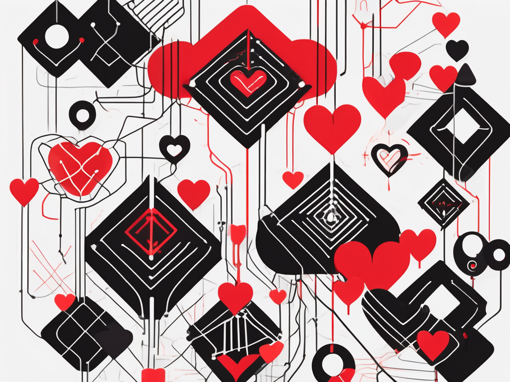 an abstract representation of connection and interaction, featuring intertwined shapes and symbols that evoke themes of online dating and social networking, set against a vibrant digital backdrop, hand-drawn abstract illustration for a company blog, white background, professional, minimalist, clean lines, red, white, and black