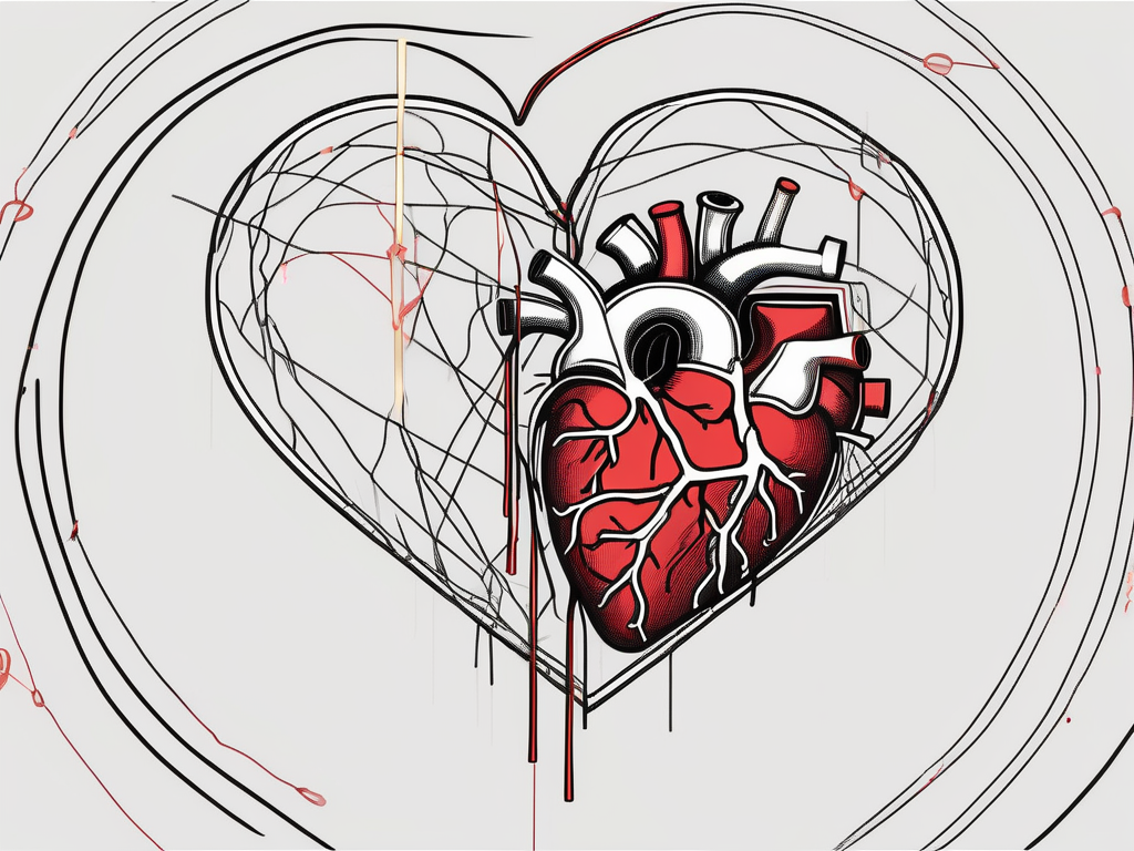 a broken heart being mended with threads of gold, symbolizing the process of healing and rebuilding trust in relationships, hand-drawn abstract illustration for a company blog, white background, professional, minimalist, clean lines, red, white, and black