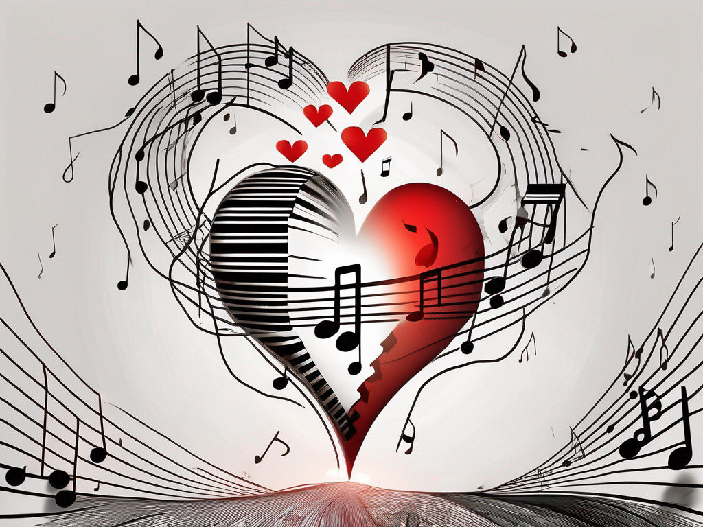 an abstract representation of a broken heart intertwined with musical notes and a fading sunset, symbolizing the emotional turmoil and the connection to music in the context of the relationship, hand-drawn abstract illustration for a company blog, white background, professional, minimalist, clean lines, red, white, and black