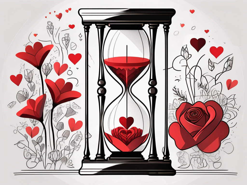 an hourglass with three distinct sections, each representing a different stage of a relationship, surrounded by symbols of love and dating, such as hearts, flowers, and clocks, hand-drawn abstract illustration for a company blog, white background, professional, minimalist, clean lines, red, white, and black