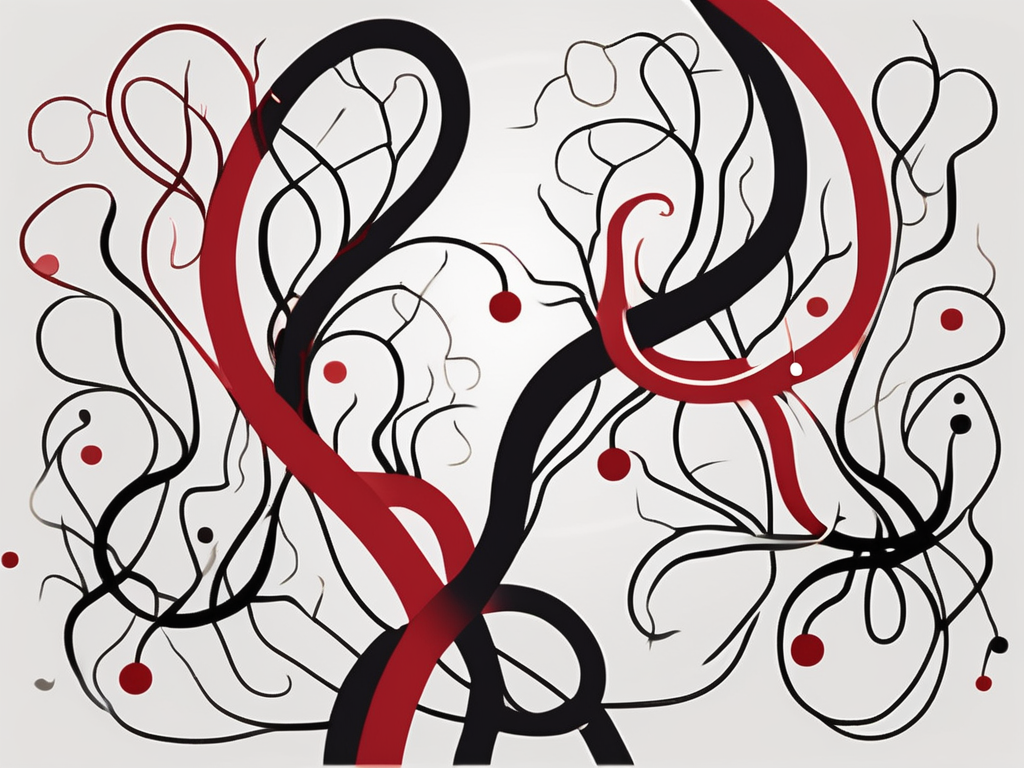 a pair of intertwined vines, each representing different relationship boundaries, with one vine bearing question marks and the other adorned with symbols of trust and communication, set against a soft, abstract background that suggests complexity and connection, hand-drawn abstract illustration for a company blog, white background, professional, minimalist, clean lines, red, white, and black