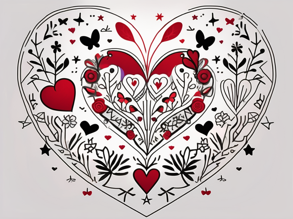 an abstract heart composed of various symbols and icons that represent affection and attraction, such as flowers, butterflies, and stars, set against a soft, dreamy background to evoke a sense of curiosity and romance, hand-drawn abstract illustration for a company blog, white background, professional, minimalist, clean lines, red, white, and black