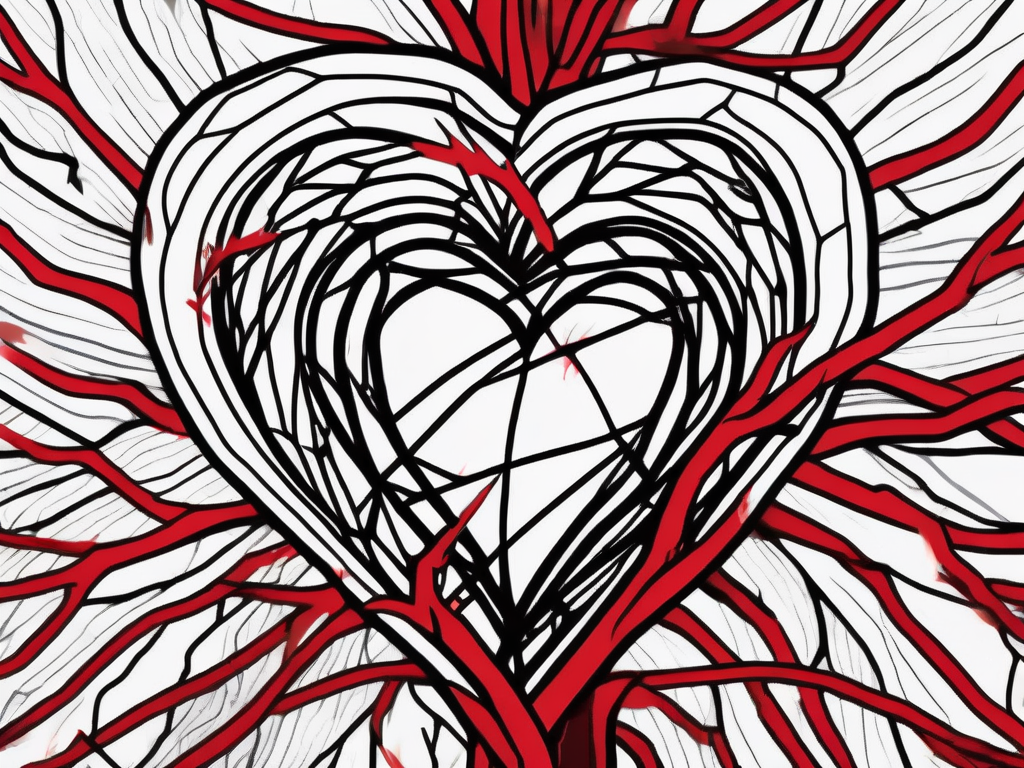 a shattered heart surrounded by dark clouds and thorny vines, symbolizing the pain of betrayal and heartbreak, with hints of light breaking through the clouds to represent hope and healing, hand-drawn abstract illustration for a company blog, white background, professional, minimalist, clean lines, red, white, and black