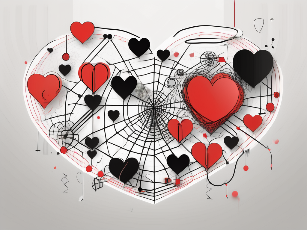 a tangled web of colorful text message bubbles with various symbols and icons representing hidden meanings, secrets, and clues, set against a backdrop of a shadowy, abstract heart shape to convey the theme of infidelity and deception, hand-drawn abstract illustration for a company blog, white background, professional, minimalist, clean lines, red, white, and black