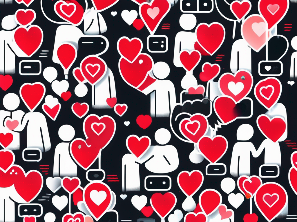 a vibrant smartphone screen displaying a colorful array of profile icons, heart symbols, and chat bubbles, set against a playful, abstract background that evokes the excitement of online dating, hand-drawn abstract illustration for a company blog, white background, professional, minimalist, clean lines, red, white, and black