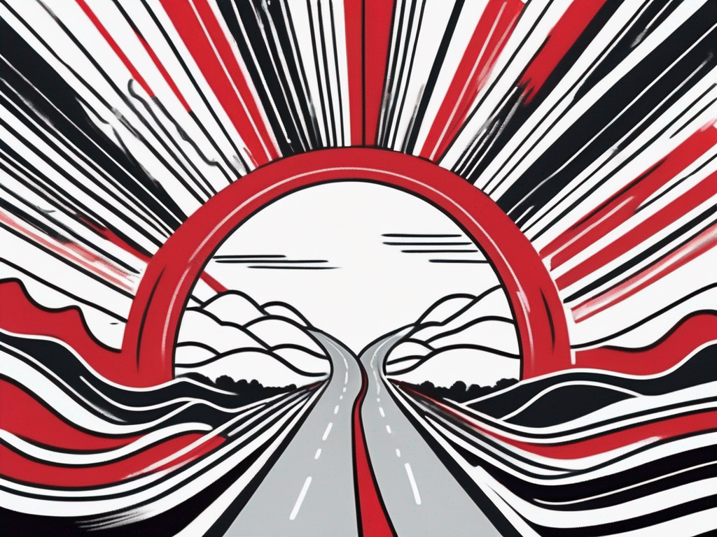 an open road leading to a bright horizon, with a fork in the path symbolizing choices, and various signs along the way representing different strategies and tips for overcoming temptation and fostering commitment, hand-drawn abstract illustration for a company blog, white background, professional, minimalist, clean lines, red, white, and black