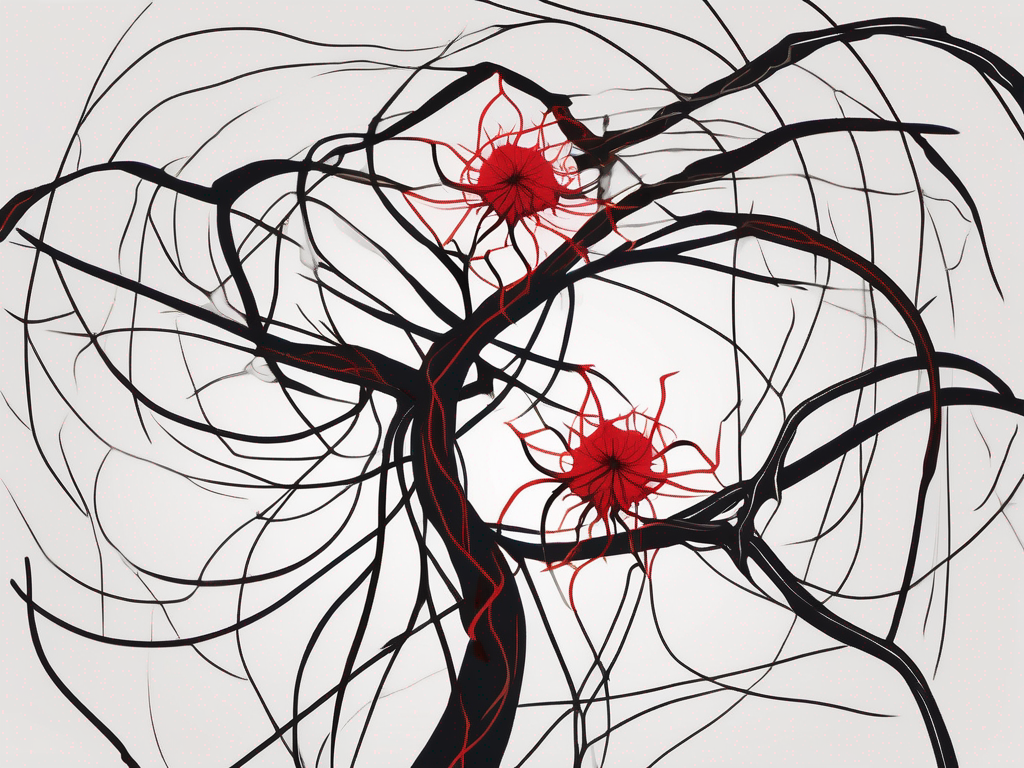 an entangled vine with dark, thorny branches wrapping around a fragile flower, symbolizing the suffocating nature of a toxic relationship and the struggle for growth and freedom, hand-drawn abstract illustration for a company blog, white background, professional, minimalist, clean lines, red, white, and black