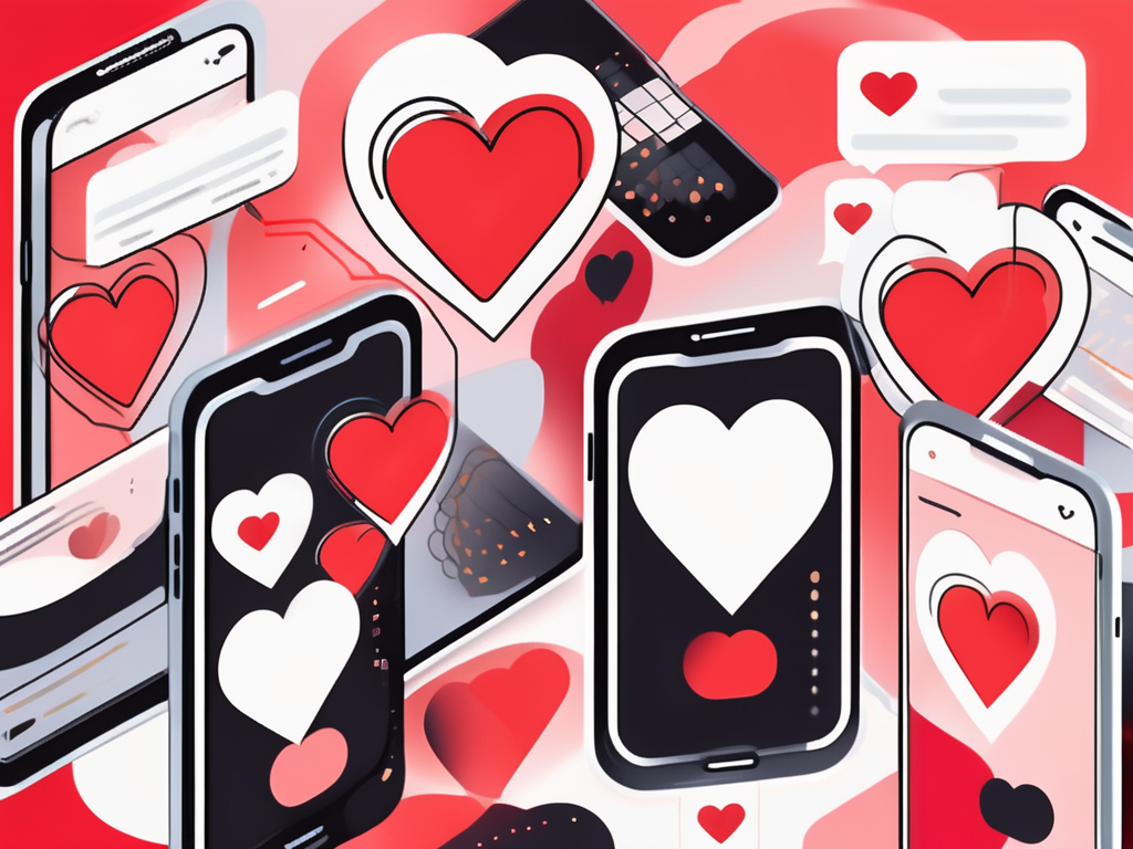 an abstract representation of a smartphone screen displaying a vibrant and dynamic layout of swiping cards, with heart icons and chat bubbles, set against a colorful background that conveys the excitement of online dating, hand-drawn abstract illustration for a company blog, white background, professional, minimalist, clean lines, red, white, and black