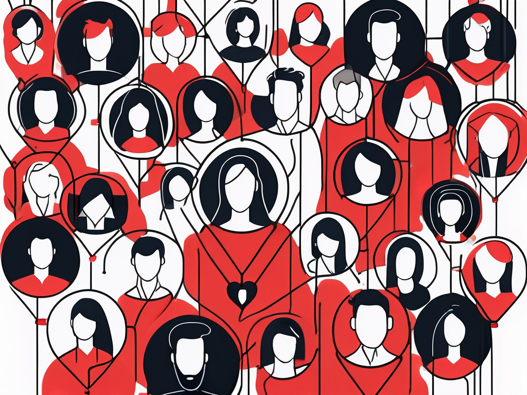 a tangled web of dating profiles and social media icons interconnected by strings, symbolizing the complex relationships and shared experiences in modern dating trends, hand-drawn abstract illustration for a company blog, white background, professional, minimalist, clean lines, red, white, and black