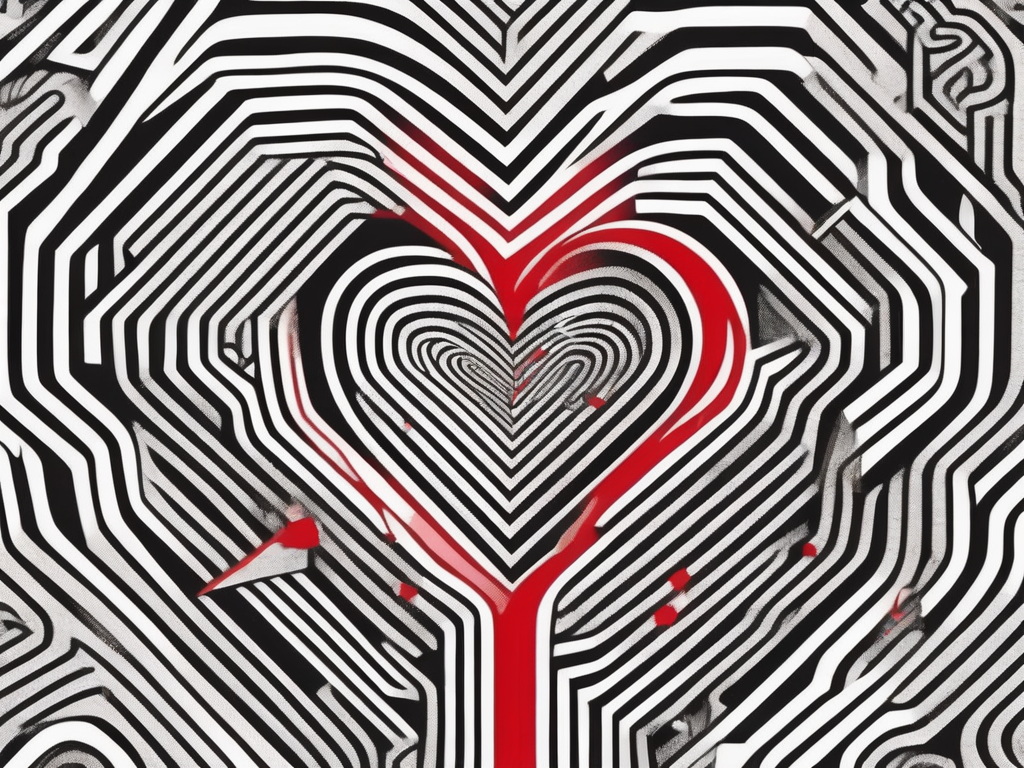 an abstract representation of a broken heart intertwined with a maze, symbolizing the complex emotions and psychological struggles associated with infidelity, hand-drawn abstract illustration for a company blog, white background, professional, minimalist, clean lines, red, white, and black