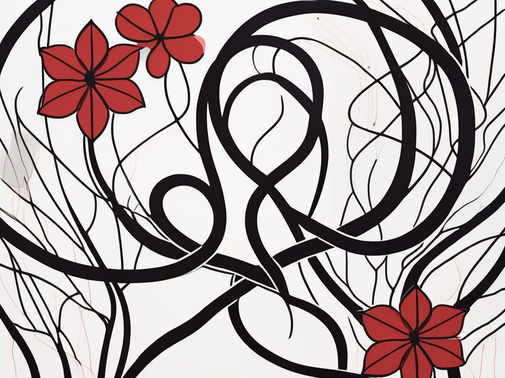 an intertwined vine with two distinct flowers, one representing courting and the other representing dating, set against a soft, abstract background that symbolizes the journey of relationships, hand-drawn abstract illustration for a company blog, white background, professional, minimalist, clean lines, red, white, and black
