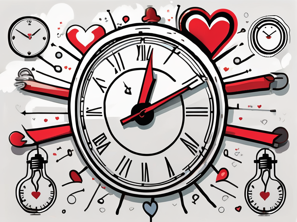 a whimsical, colorful clock with various conversation starters and symbols (like hearts, question marks, and light bulbs) integrated into its design, representing the passage of time and the excitement of speed dating, hand-drawn abstract illustration for a company blog, white background, professional, minimalist, clean lines, red, white, and black