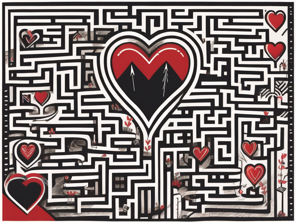 an intricate maze with various paths leading to a heart-shaped exit, symbolizing the complex motivations and psychological factors that lead people to cheat in relationships, hand-drawn abstract illustration for a company blog, white background, professional, minimalist, clean lines, red, white, and black
