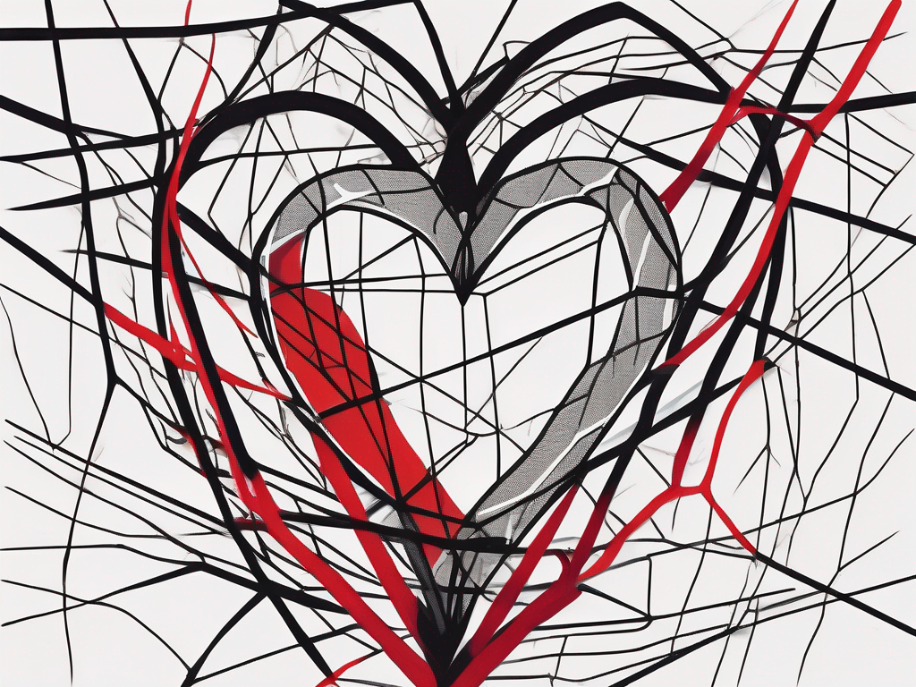 an abstract representation of a broken heart intertwined with shadows and subtle hints of deception, such as a mask or a tangled web, to symbolize the emotional complexity and signs of infidelity, hand-drawn abstract illustration for a company blog, white background, professional, minimalist, clean lines, red, white, and black