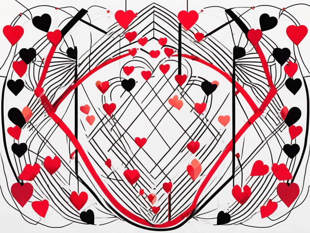 an elegant, abstract representation of a digital dating platform, featuring interconnected hearts and geometric shapes that symbolize connections and relationships, set against a vibrant, inviting background, hand-drawn abstract illustration for a company blog, white background, professional, minimalist, clean lines, red, white, and black