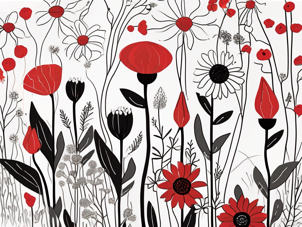 a whimsical garden filled with diverse flowers, each labeled with a thought-provoking question, symbolizing the variety and depth of meaningful conversations, hand-drawn abstract illustration for a company blog, white background, professional, minimalist, clean lines, red, white, and black