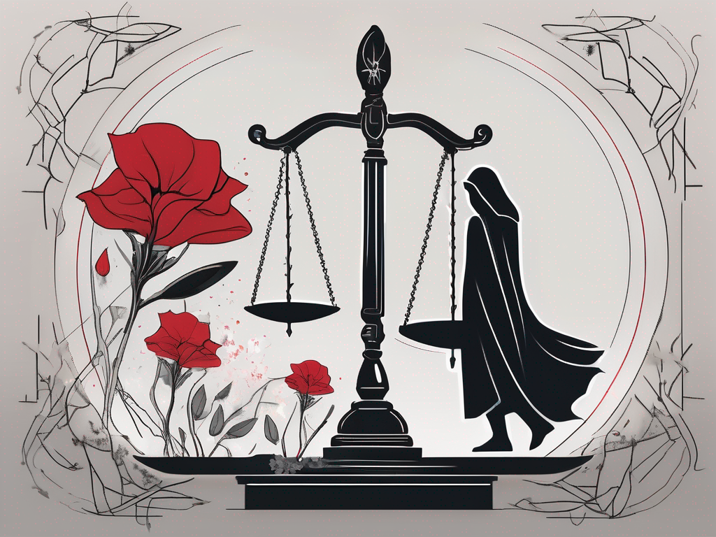 a balanced scale tipped slightly to one side, surrounded by symbolic elements like a broken hourglass, a shadowy figure lurking in the background, and blooming flowers on the other side, representing the interplay of justice, consequences, and the idea of karma, hand-drawn abstract illustration for a company blog, white background, professional, minimalist, clean lines, red, white, and black