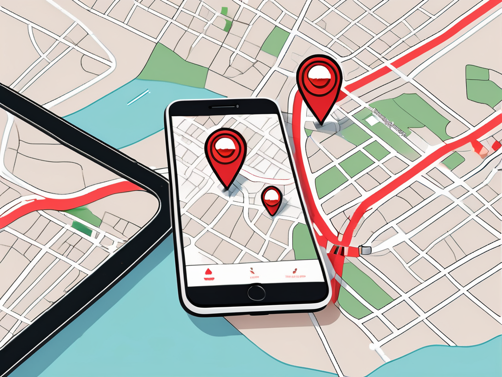 a smartphone displaying the Tinder app interface with a map overlay, highlighting the location settings feature and vibrant location pins to symbolize different cities, hand-drawn abstract illustration for a company blog, white background, professional, minimalist, clean lines, red, white, and black