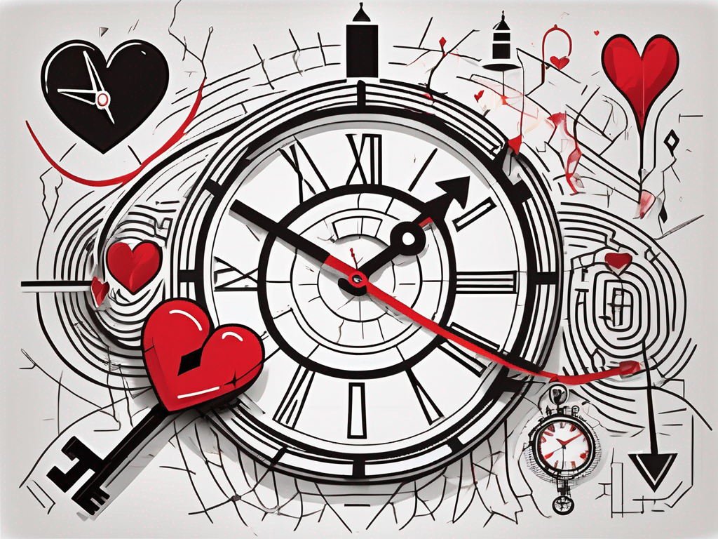 a symbolic representation of a broken heart intertwined with various elements like a clock, a key, and a maze, to visually convey the complex emotions and motivations behind infidelity, hand-drawn abstract illustration for a company blog, white background, professional, minimalist, clean lines, red, white, and black