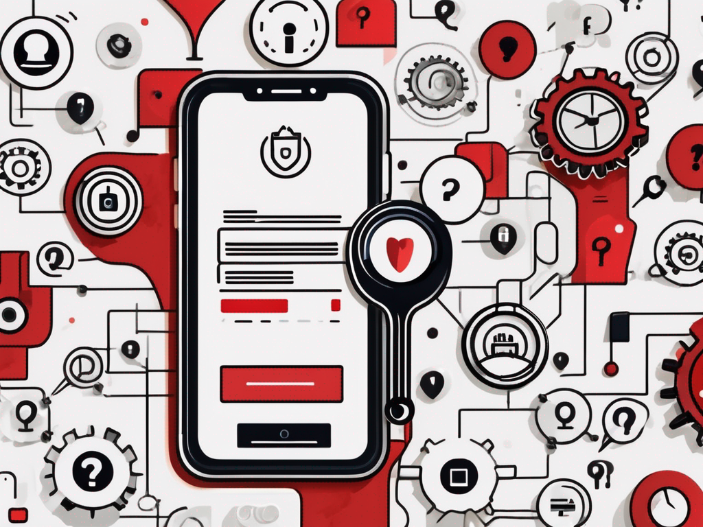 a smartphone screen displaying the Facebook app interface with a magnifying glass highlighting a missing 