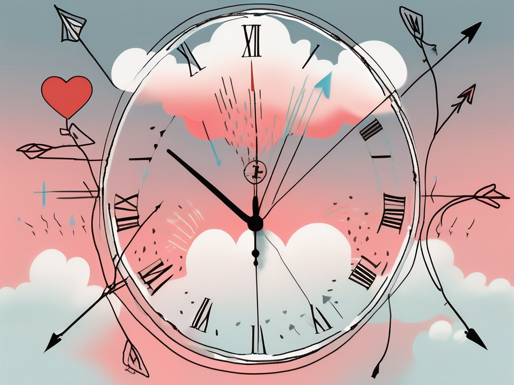 a whimsical scene featuring a heart-shaped cloud with subtle arrows pointing towards it, surrounded by symbols of nostalgia like a broken clock, a faded photograph, and a pair of intertwined vines, all set against a dreamy, pastel-colored sky, hand-drawn abstract illustration for a company blog, white background, professional, minimalist, clean lines, red, white, and black