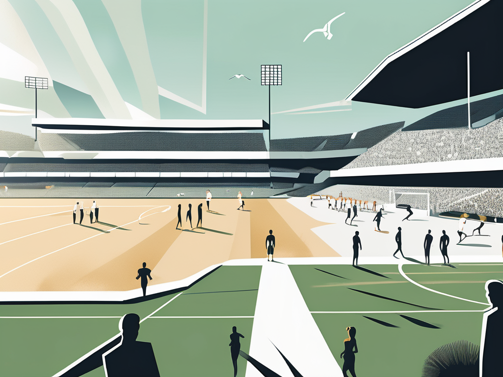 a split scene showing a glamorous football stadium on one side and a serene beach setting on the other, symbolizing the contrasting worlds of fame and personal life, with subtle hints of tension and intrigue woven into the environment, such as shadowy figures or whispered conversations in the background, hand-drawn abstract illustration for a company blog, white background, professional, minimalist, clean lines, red, white, and black