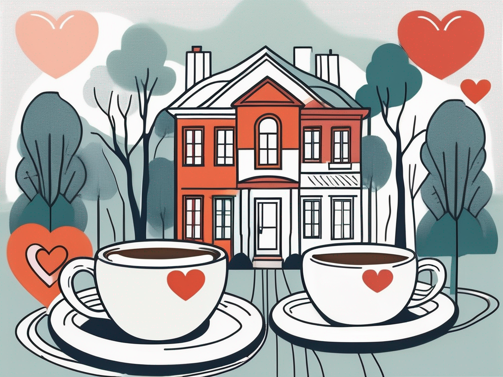 an abstract split landscape, with one side depicting vibrant, casual elements like coffee cups, hearts, and playful symbols representing dating, and the other side showcasing deeper, more structured imagery such as intertwined trees, rings, and a cozy home to symbolize a committed relationship, hand-drawn abstract illustration for a company blog, white background, professional, minimalist, clean lines, red, white, and black