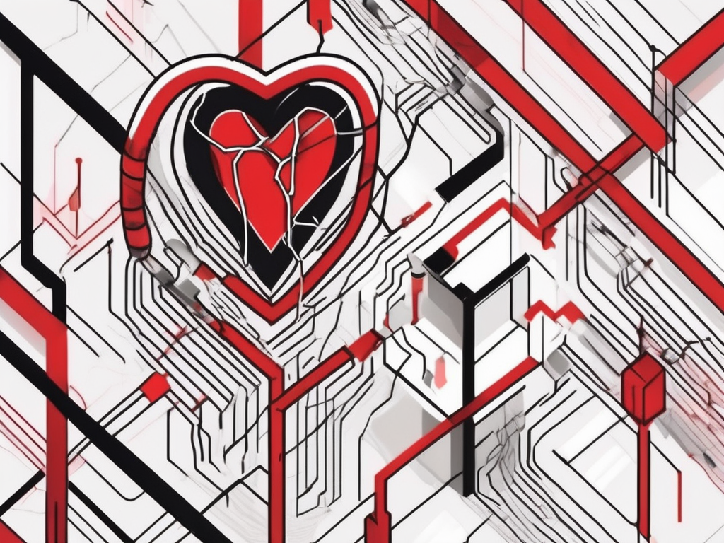a fractured heart intertwined with a digital device, symbolizing the hidden emotional connections formed online that can lead to emotional cheating, hand-drawn abstract illustration for a company blog, white background, professional, minimalist, clean lines, red, white, and black