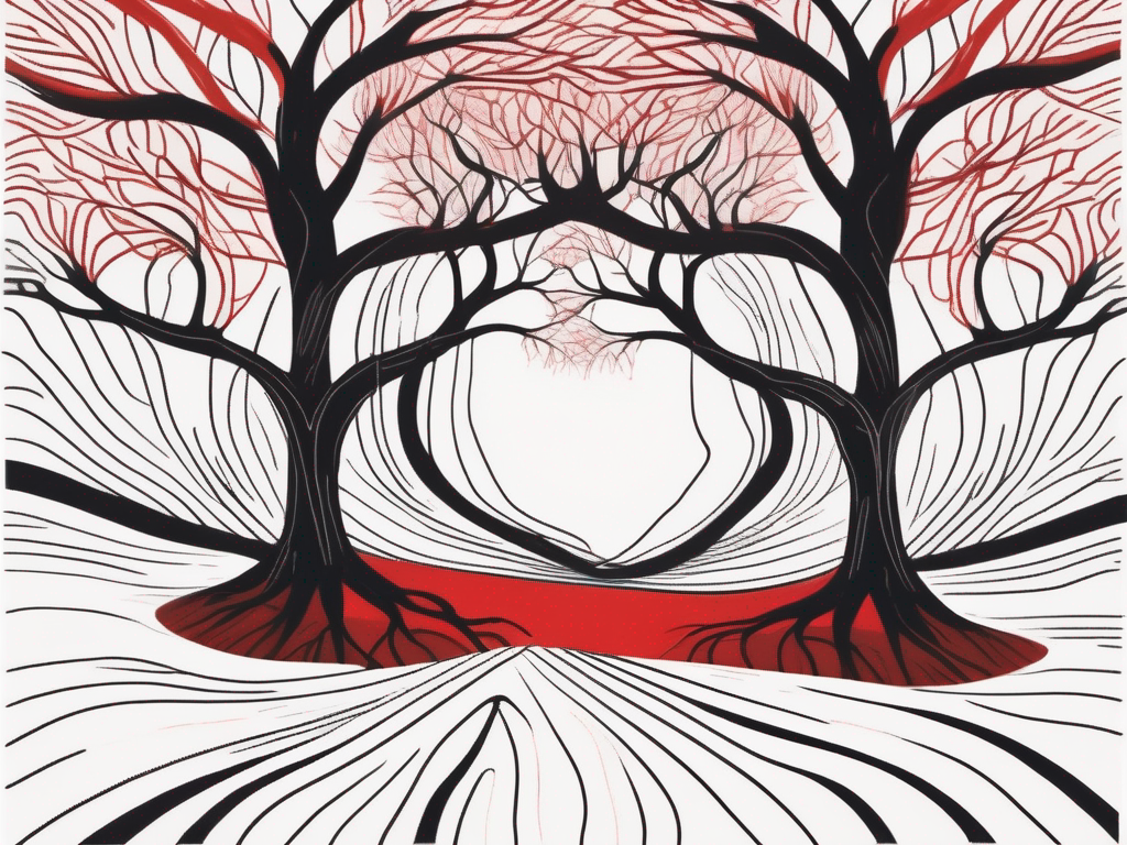 a serene landscape featuring two intertwined trees with their roots connecting underground, symbolizing the deep emotional bond and support found in a platonic relationship, hand-drawn abstract illustration for a company blog, white background, professional, minimalist, clean lines, red, white, and black