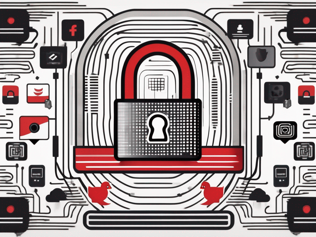 an abstract representation of digital security, featuring a padlock intertwined with social media icons and a backdrop of blurred, pixelated images to symbolize the concept of online privacy and content leaks, hand-drawn abstract illustration for a company blog, white background, professional, minimalist, clean lines, red, white, and black