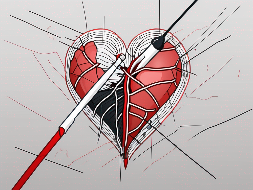 a broken heart being mended with a thread and needle, symbolizing the healing process after infidelity, hand-drawn abstract illustration for a company blog, white background, professional, minimalist, clean lines, red, white, and black