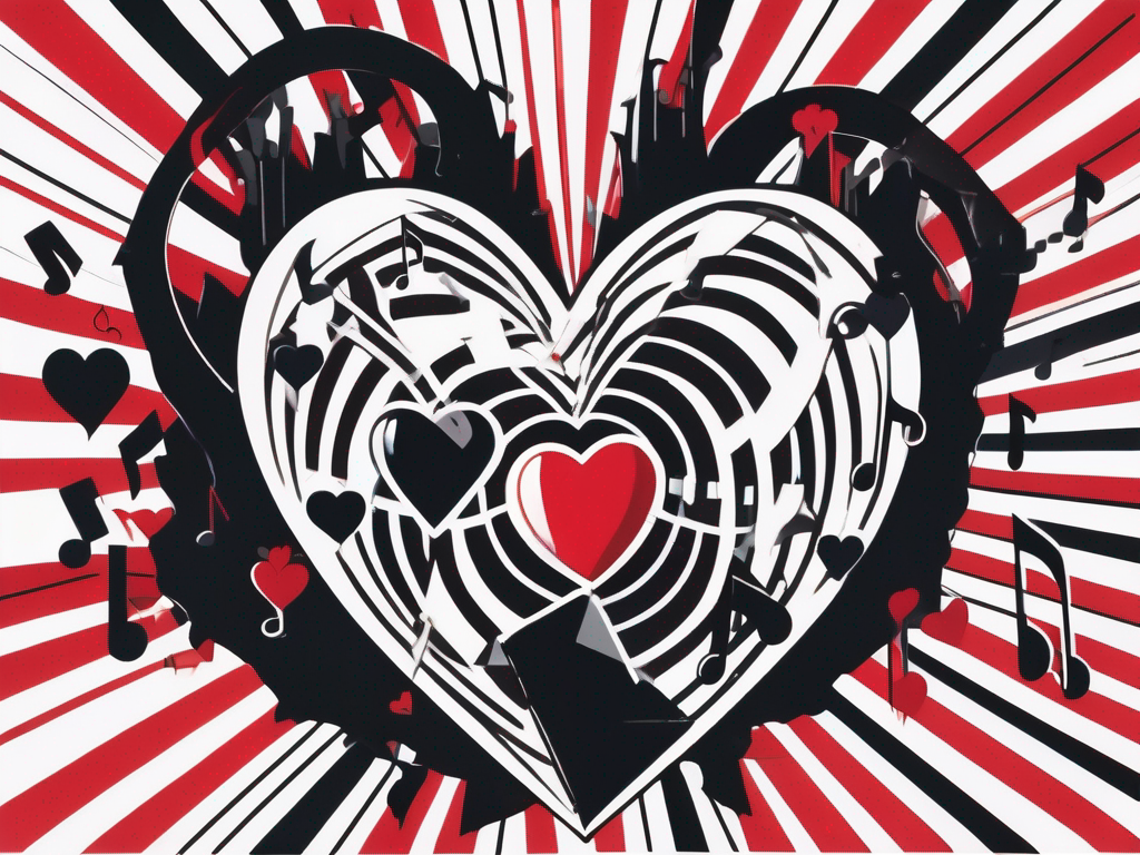 an abstract representation of a fractured heart surrounded by shadowy figures and musical notes, symbolizing the complexities of love, betrayal, and the world of hip-hop, hand-drawn abstract illustration for a company blog, white background, professional, minimalist, clean lines, red, white, and black