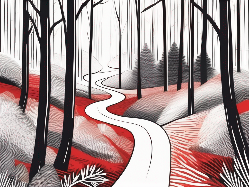 a serene landscape with a winding path leading through a peaceful forest, symbolizing the journey of healing and forgiveness, with gentle light filtering through the trees to evoke a sense of hope and renewal, hand-drawn abstract illustration for a company blog, white background, professional, minimalist, clean lines, red, white, and black