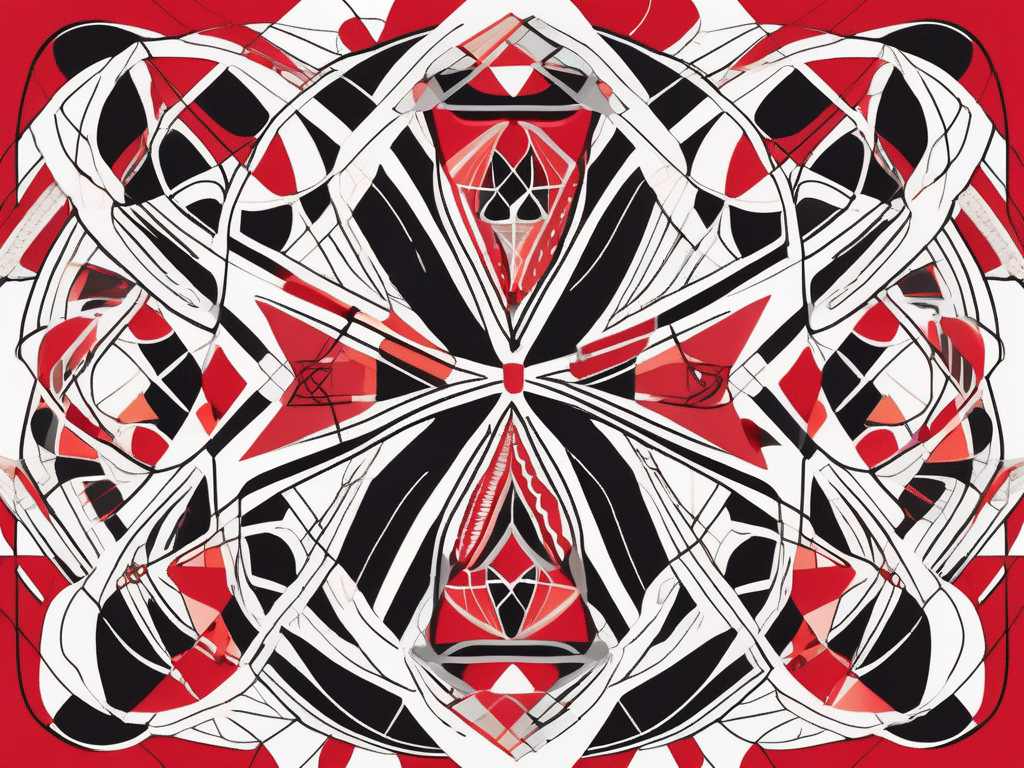 an intricate, interwoven design of colorful geometric shapes and symbols representing connection, harmony, and diversity, encapsulating the essence of polyamorous relationships, hand-drawn abstract illustration for a company blog, white background, professional, minimalist, clean lines, red, white, and black