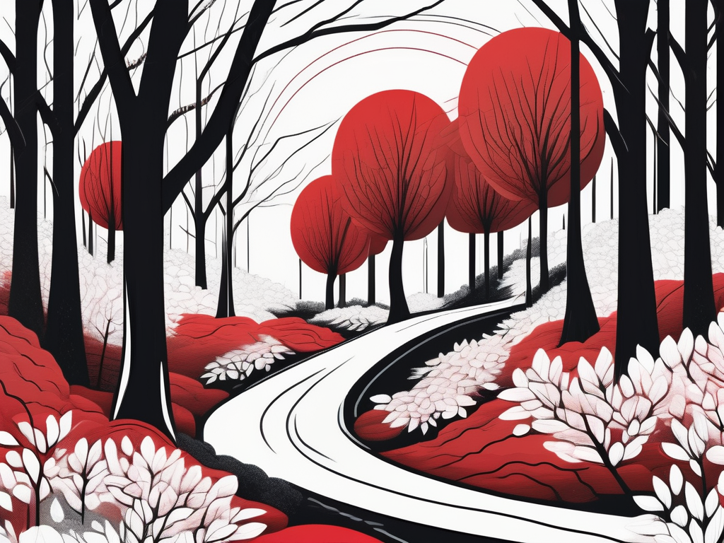 a serene landscape featuring a winding path through a forest, symbolizing the journey of healing, with elements like blooming flowers and sturdy trees representing growth and resilience along the way, hand-drawn abstract illustration for a company blog, white background, professional, minimalist, clean lines, red, white, and black