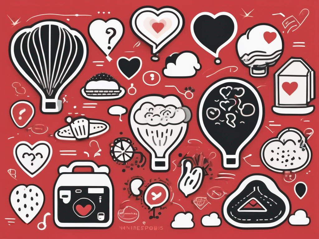 a whimsical, heart-shaped speech bubble filled with various question marks and icons representing different conversation topics, such as food, travel, and hobbies, set against a soft, inviting background that conveys a sense of warmth and curiosity, hand-drawn abstract illustration for a company blog, white background, professional, minimalist, clean lines, red, white, and black
