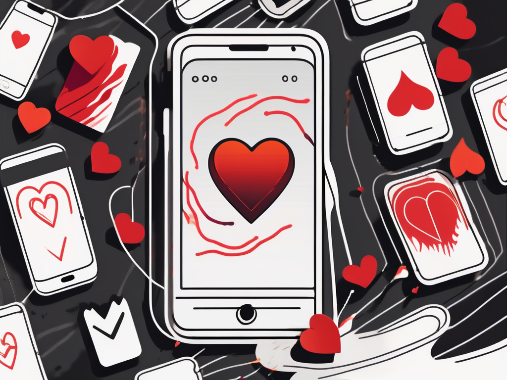 an abstract representation of a smartphone screen displaying a Tinder-like interface, with a shadowy overlay indicating a 