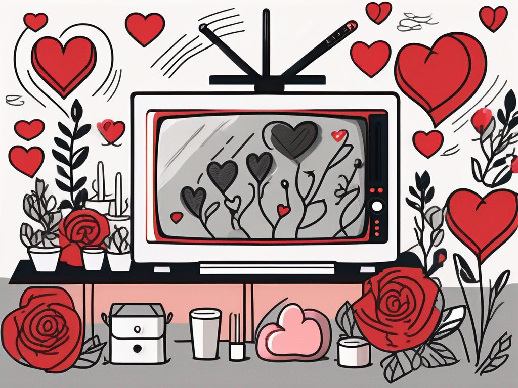 a vibrant television screen surrounded by various dating-related symbols like hearts, roses, and engagement rings, set against a cozy living room backdrop to evoke the essence of watching dating shows at home, hand-drawn abstract illustration for a company blog, white background, professional, minimalist, clean lines, red, white, and black