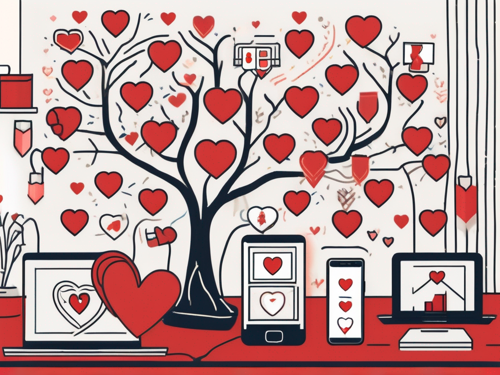 a smartphone displaying various dating app icons with symbols representing conservative values, such as a heart intertwined with a flag, a family tree, and a shield, set against a backdrop of a cozy, inviting living space that suggests connection and warmth, hand-drawn abstract illustration for a company blog, white background, professional, minimalist, clean lines, red, white, and black
