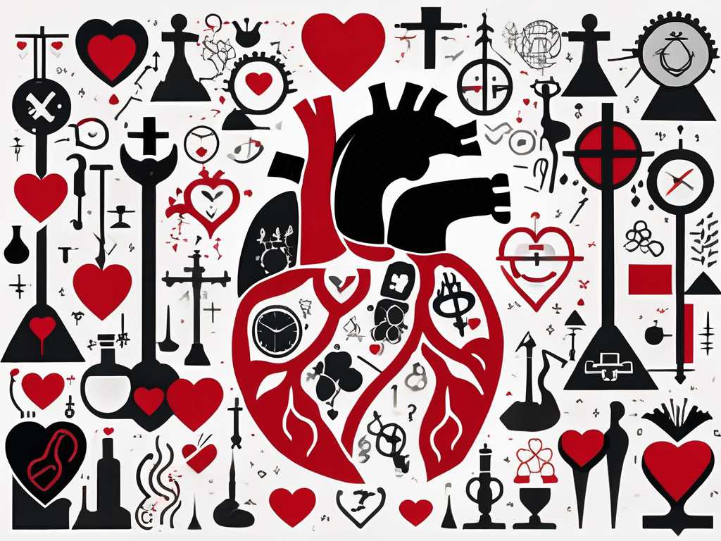 an abstract representation of a heart split into sections, each section filled with symbols or icons representing various professions, intertwined with shadowy figures or question marks to evoke a sense of mystery and intrigue surrounding infidelity, hand-drawn abstract illustration for a company blog, white background, professional, minimalist, clean lines, red, white, and black