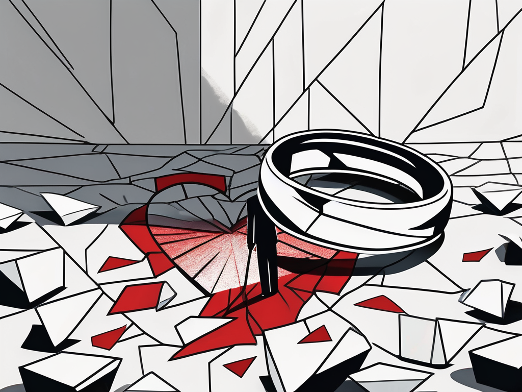 a broken heart surrounded by shattered pieces of a wedding ring, with a shadowy figure lurking in the background to symbolize betrayal and secrecy, hand-drawn abstract illustration for a company blog, white background, professional, minimalist, clean lines, red, white, and black