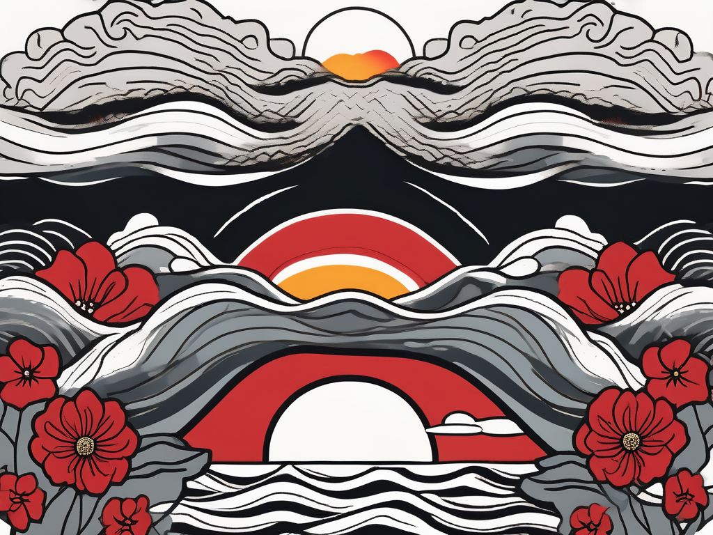 a serene landscape divided into two contrasting halves: one side depicting stormy clouds and turbulent waves symbolizing the chaos of infidelity, and the other side showcasing a bright sunrise over calm waters and blooming flowers, representing healing and hope for the future, hand-drawn abstract illustration for a company blog, white background, professional, minimalist, clean lines, red, white, and black